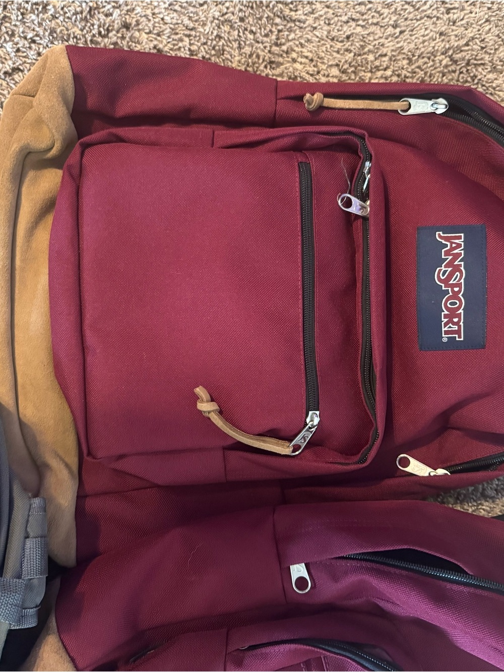 2 Jansport Maroon Backpacks with Tan Accents